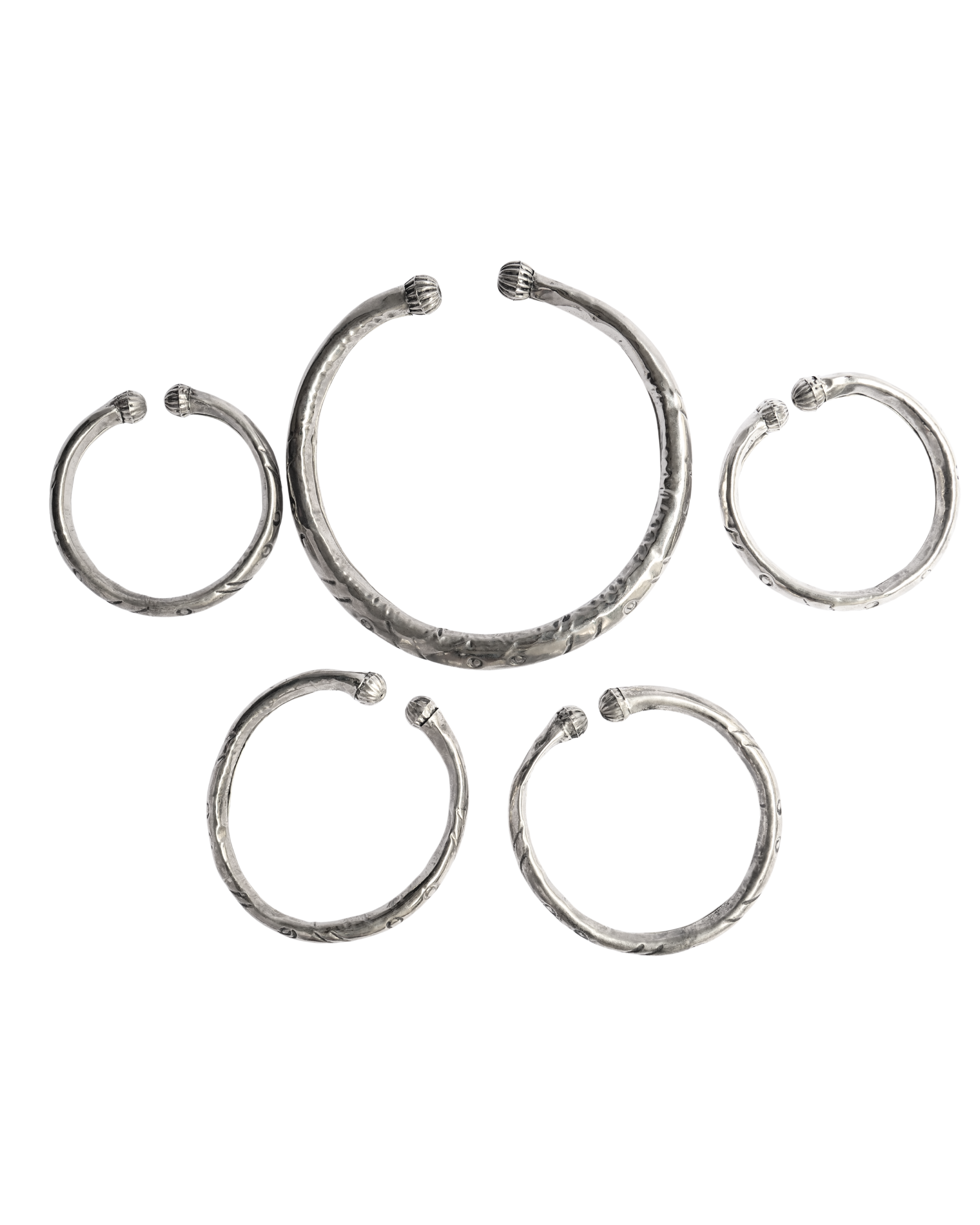 asto by Hasti German Silver Bracelet, Armlet & Necklace Set of 5 for Women | Adjustable Pull-Apart Bajuband Pair with Oxidised Necklace | Carved Bud-End Temple Jewellery Combo