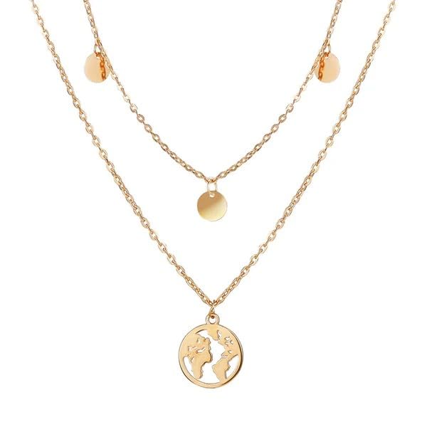 Gold Layered World Map Pendant Necklace for Women & Girls