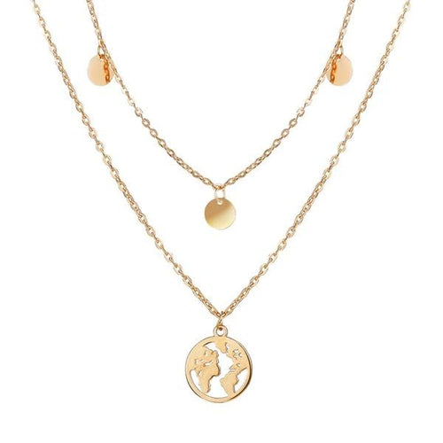 Gold Layered World Map Pendant Necklace for Women & Girls