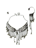 Hasto by Hasti The Fringe Collar Oxidised Silver-Tone Necklace Set for Women, Pink Stone Openwork Chain Fringe Jewellery