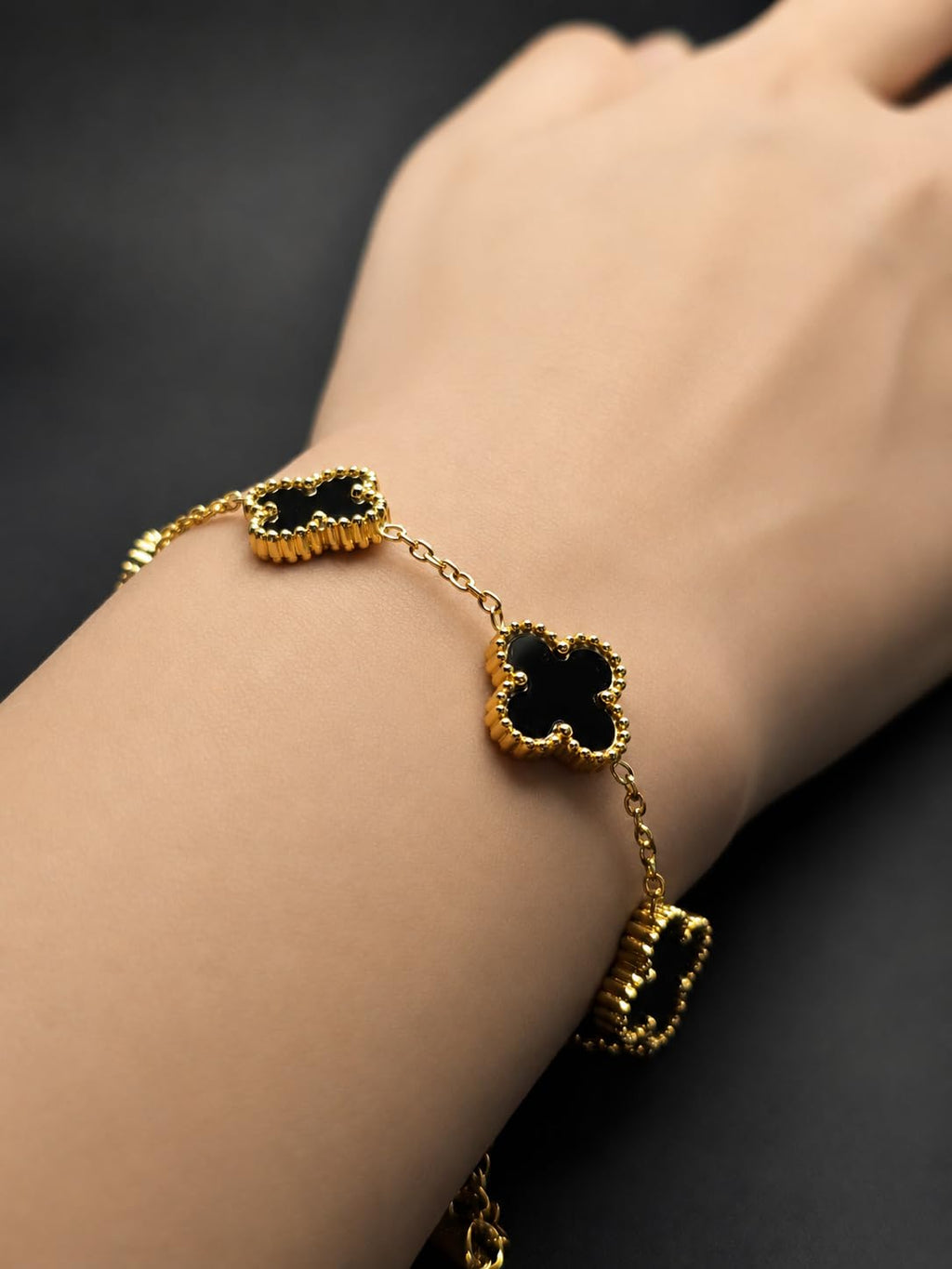 Hasto by Hasti Black Clover Charm Bracelet for Women & Girls | Gold-Toned Adjustable Chain Bracelet | Five Clover Bracelet for Daily Wear, Party, Office & Festive Gift