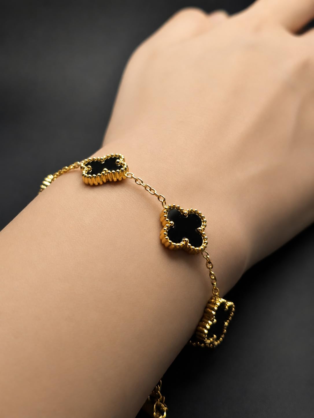 Hasto by Hasti Black Clover Charm Bracelet for Women & Girls | Gold-Toned Adjustable Chain Bracelet | Five Clover Bracelet for Daily Wear, Party, Office & Festive Gift