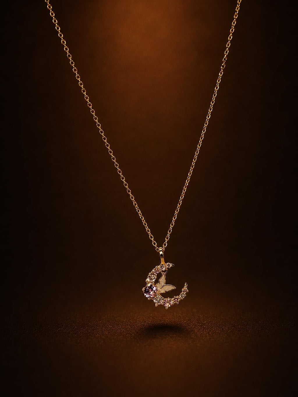 Hasto by Hasti Gold Celestial Moon Pendant Necklace for Women & Girls | Crescent Moon Necklace with Pink & White Stone Detail | Elegant Party, Festive, Date Wear & Gift Jewellery