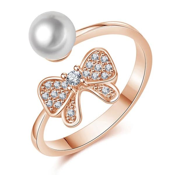 Rose gold Bow Pearl Adjustable Ring for Women & Girls