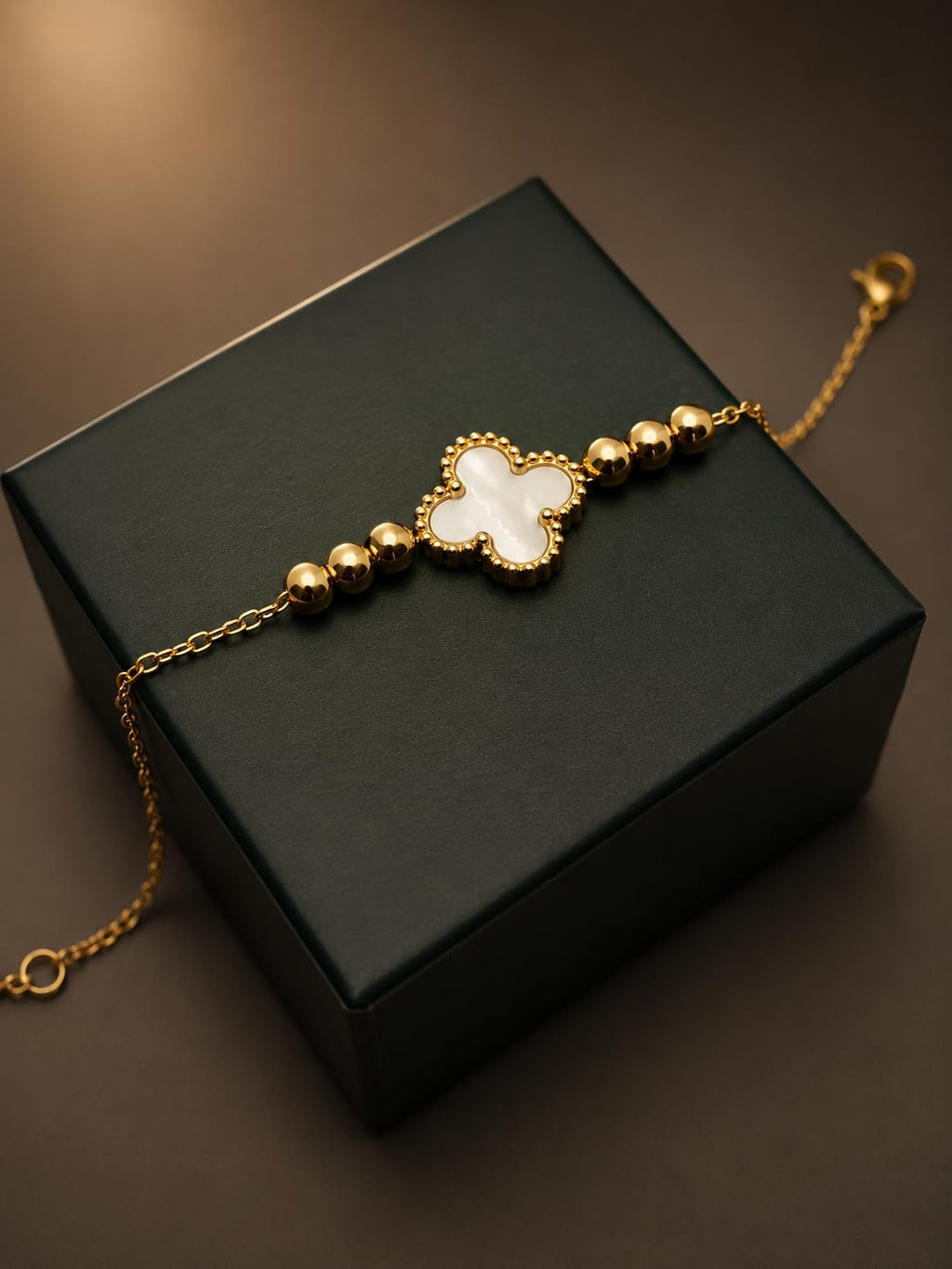 Hasto by Hasti White Clover Charm Bracelet for Women | Gold Plated Adjustable Chain Bracelet | Minimal Four Leaf Clover Bracelet for Daily Wear, Office, Party & Festive Gift