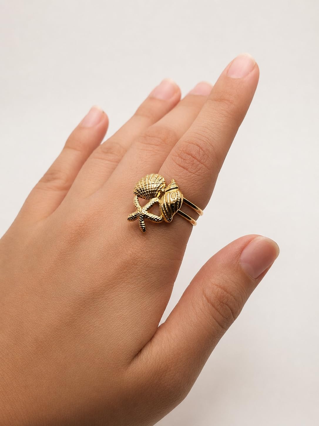 Hasto by Hasti Gold Sea Shell Starfish Adjustable Ring for Women & Girls | Ocean-Inspired Statement Ring | Vacation, Beach, Party & Daily Wear Fashion Ring
