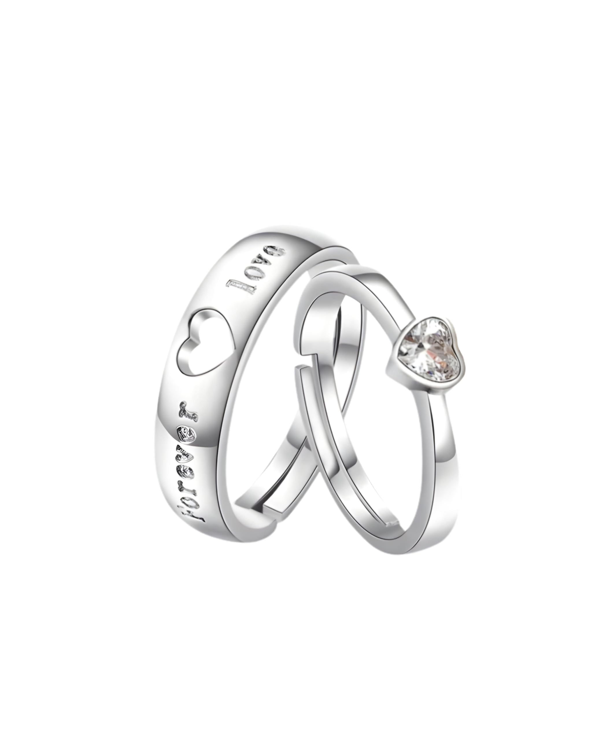 Hasto by Hasti Silver Love Couple Ring Set | Adjustable Matching Rings for Couples | Heart Design Promise Rings for Anniversary, Valentine’s Day & Gifting