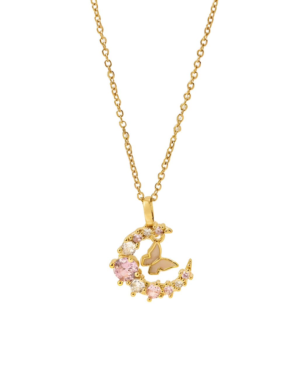 Hasto by Hasti Gold Celestial Moon Pendant Necklace for Women & Girls | Crescent Moon Necklace with Pink & White Stone Detail | Elegant Party, Festive, Date Wear & Gift Jewellery