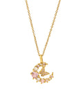 Hasto by Hasti Gold Celestial Moon Pendant Necklace for Women & Girls | Crescent Moon Necklace with Pink & White Stone Detail | Elegant Party, Festive, Date Wear & Gift Jewellery
