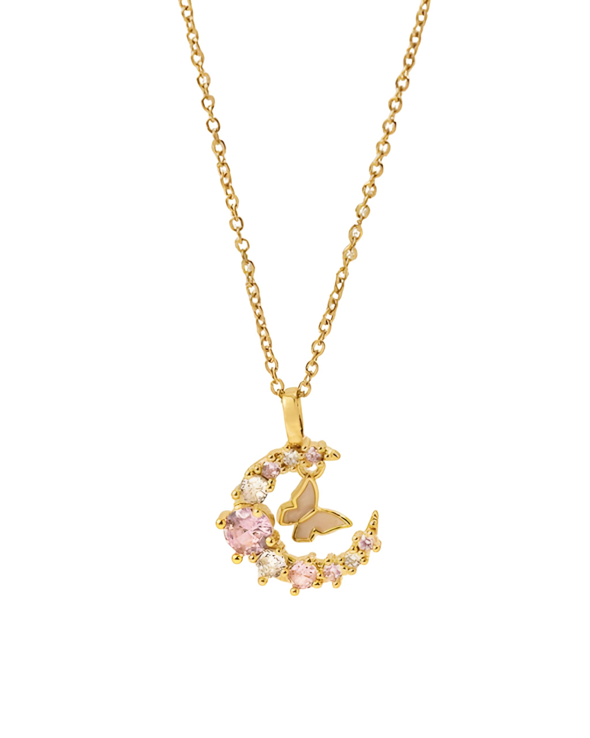 Hasto by Hasti Gold Celestial Moon Pendant Necklace for Women & Girls | Crescent Moon Necklace with Pink & White Stone Detail | Elegant Party, Festive, Date Wear & Gift Jewellery