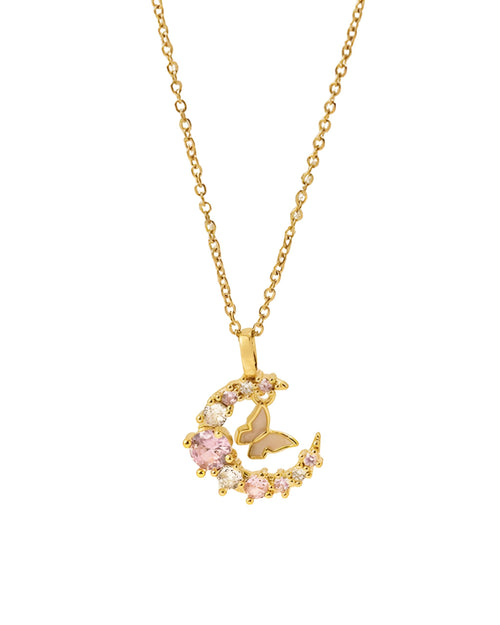 Hasto by Hasti Gold Celestial Moon Pendant Necklace for Women & Girls | Crescent Moon Necklace with Pink & White Stone Detail | Elegant Party, Festive, Date Wear & Gift Jewellery