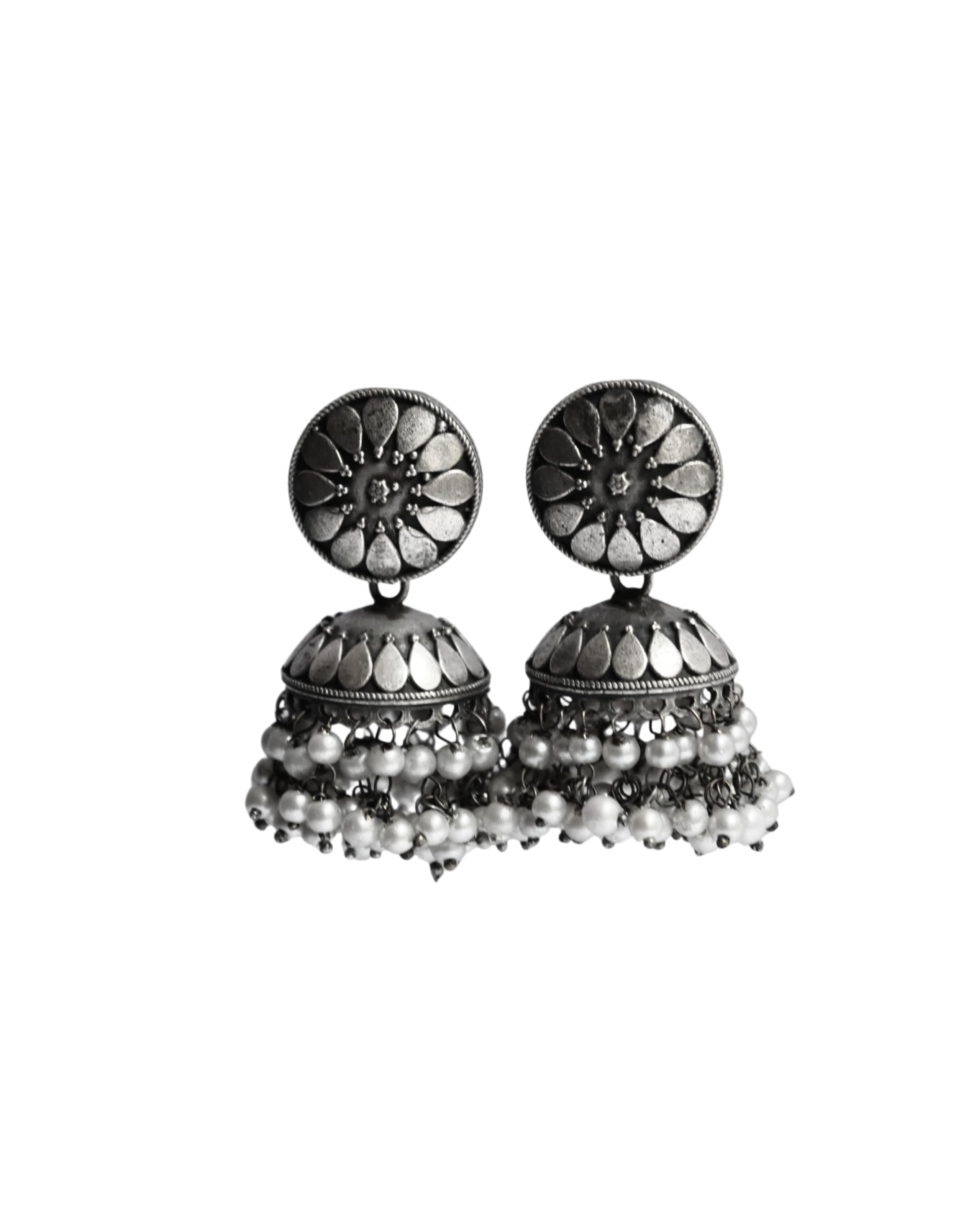 Hasto by Hasti Oxidised German Silver Floral Pearl Bead Jhumka Earrings for Women | Navratri Jhumka Earrings, Garba Jewellery, Kurti Earrings & Saree Wear