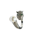 Hasto by Hasti Silver Leopard Pearl Adjustable Ring for Women & Girls | Statement Animal Design Ring | Party Fashion Ring