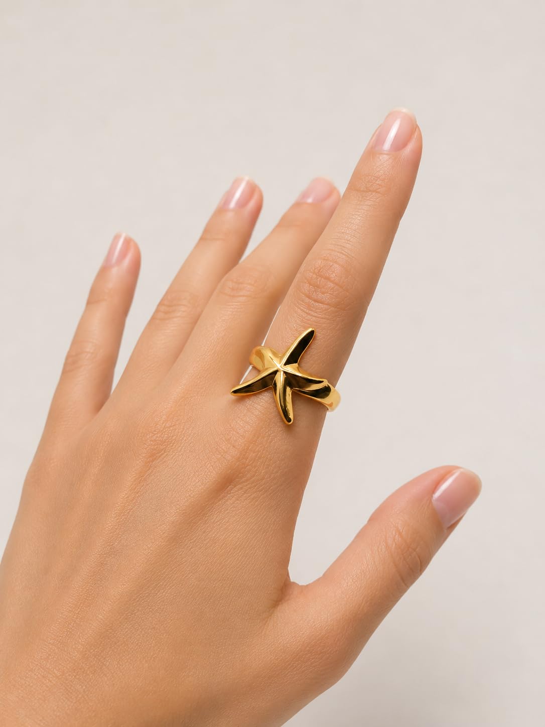 Hasto by Hasti Gold Starfish Adjustable Ring for Women & Girls | Ocean-Inspired Open Ring | Beach, Vacation, Party & Daily Wear Fashion Ring