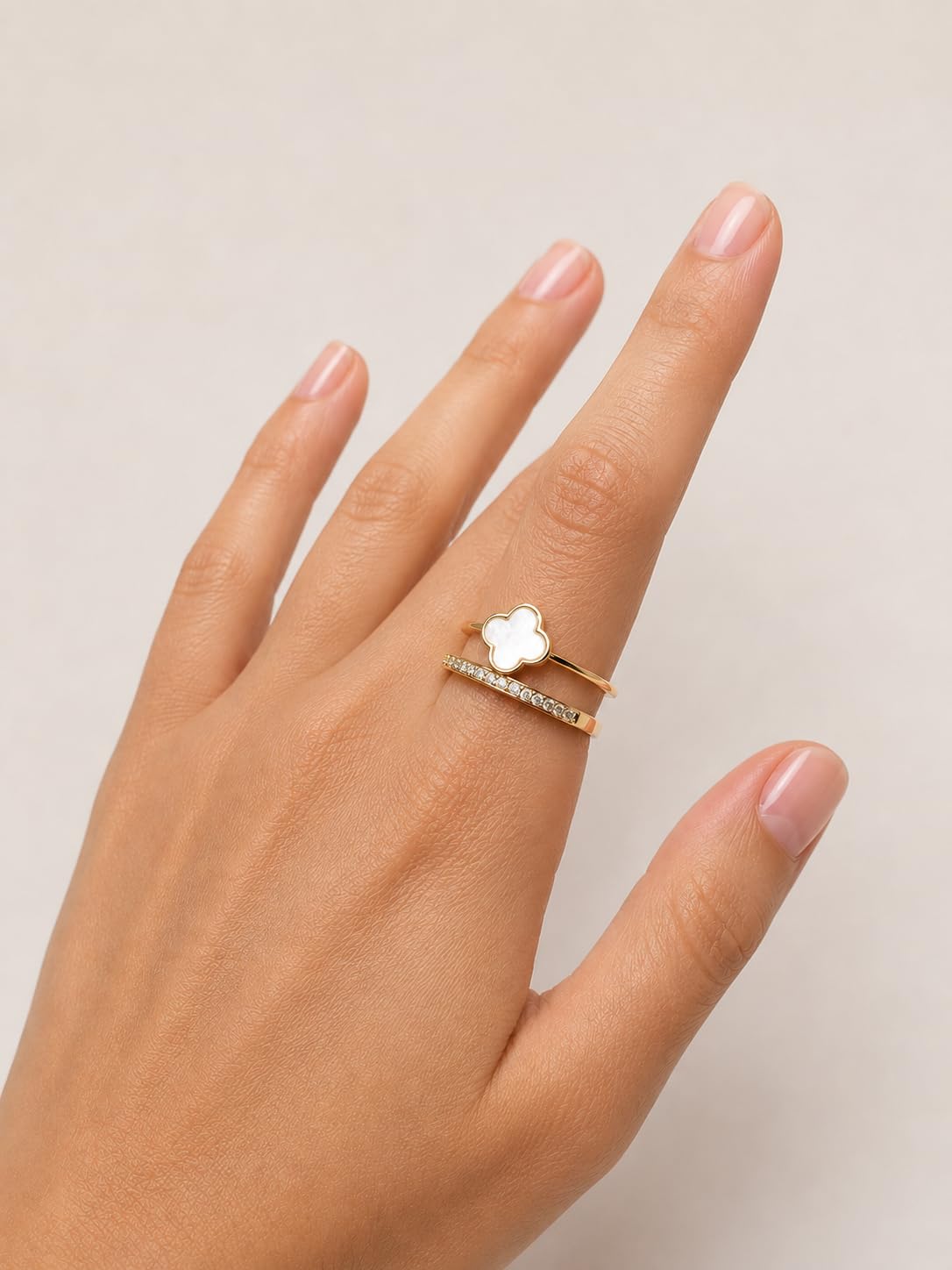Hasto by Hasti White Clover Adjustable Ring for Women & Girls | Gold-Toned Double Band Ring with Stone Detail | Minimal Lucky Charm Fashion Ring for Daily Wear, Party & Gifting