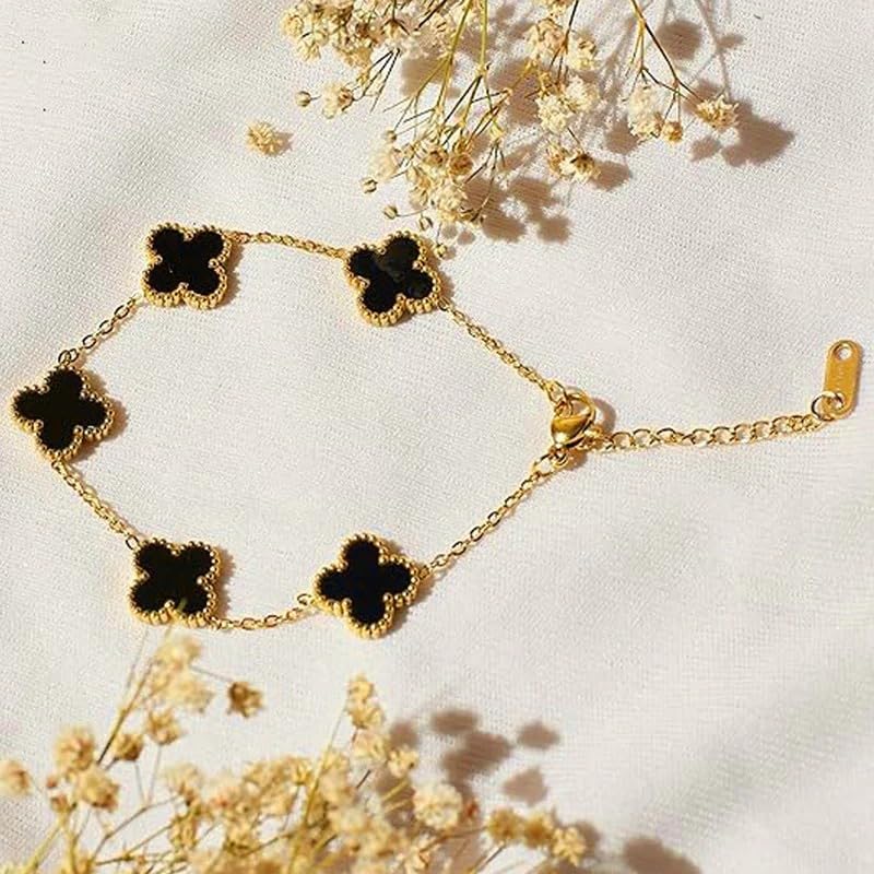 Hasto by Hasti Black Clover Charm Bracelet for Women & Girls | Gold-Toned Adjustable Chain Bracelet | Five Clover Bracelet for Daily Wear, Party, Office & Festive Gift