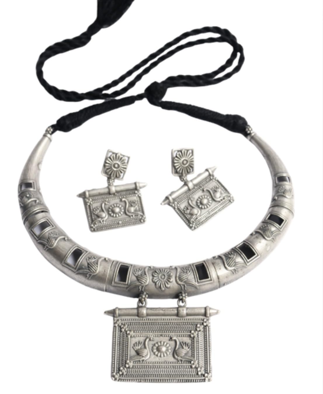 Hasto by Hasti Oxidised German Silver Elephant Motif Choker Necklace Set with Earrings for Women | Navratri Jewellery, Ethnic Necklace Set for Saree, Kurti & Festive Style