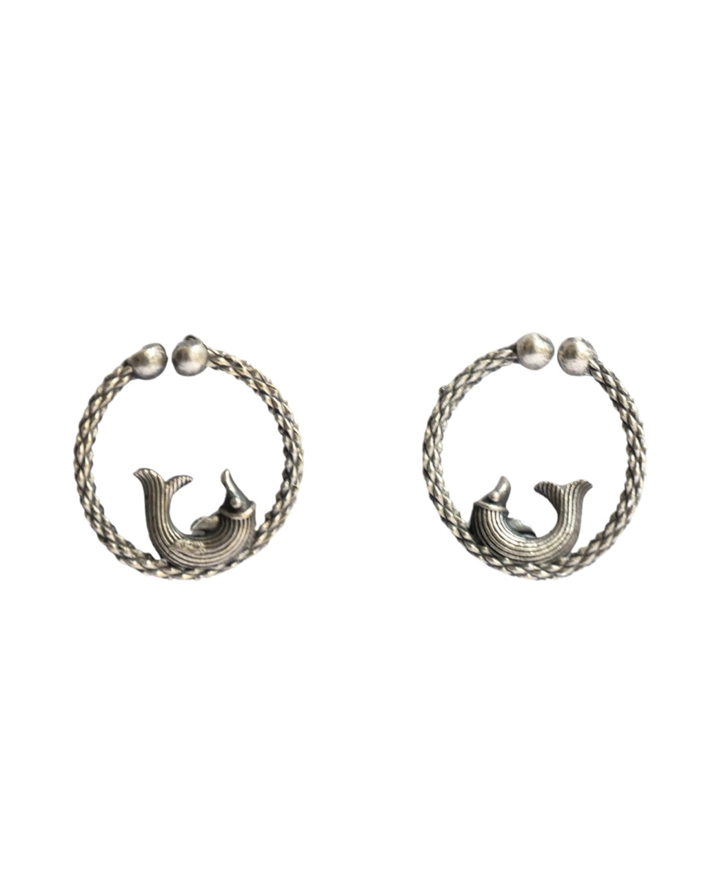 Hasto by Hasti Oxidised German Silver Fish Motif Round Bali Hoop Earrings for Women | Ethnic Kurti Earrings