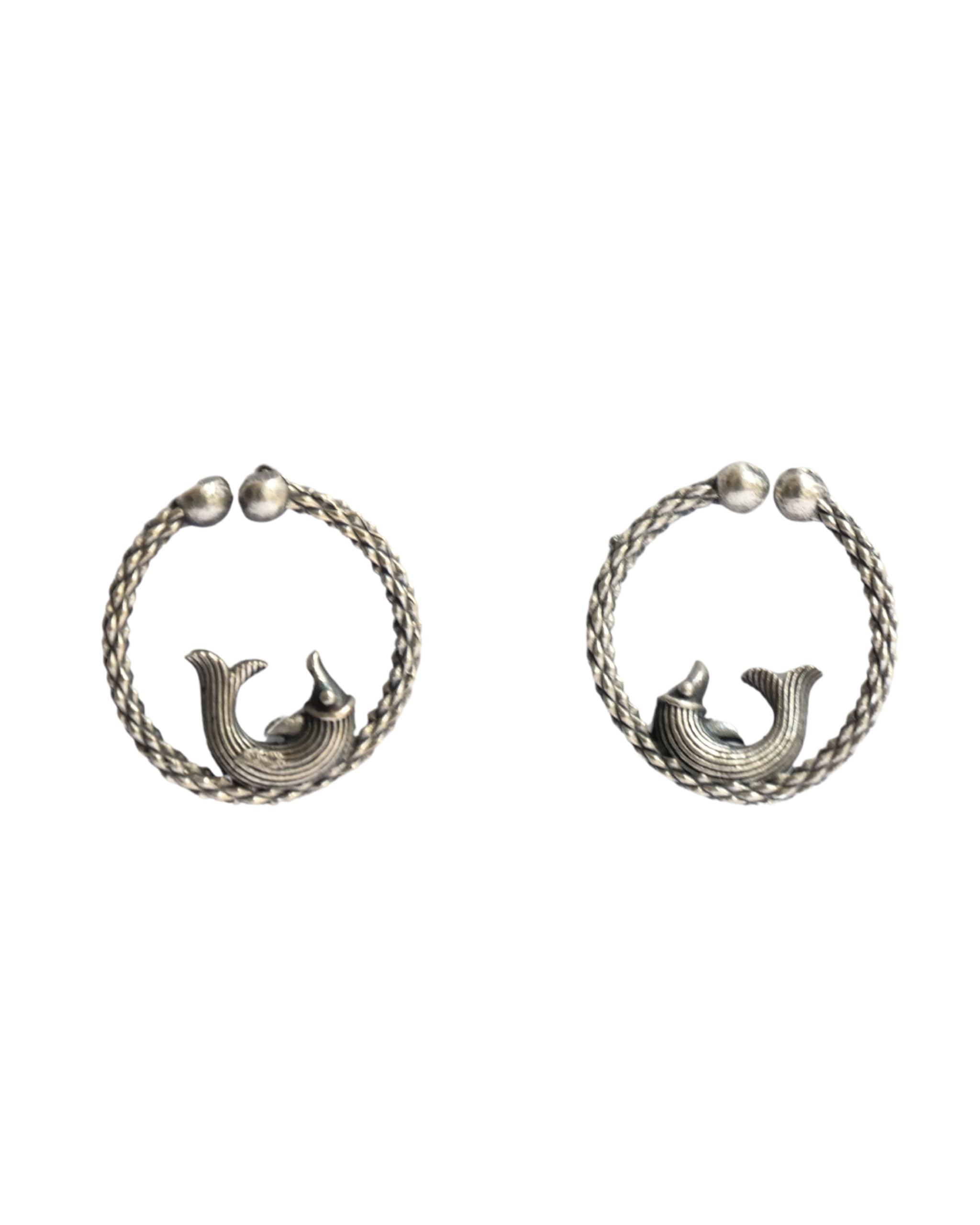 Hasto by Hasti Oxidised German Silver Fish Motif Round Bali Hoop Earrings for Women | Ethnic Kurti Earrings