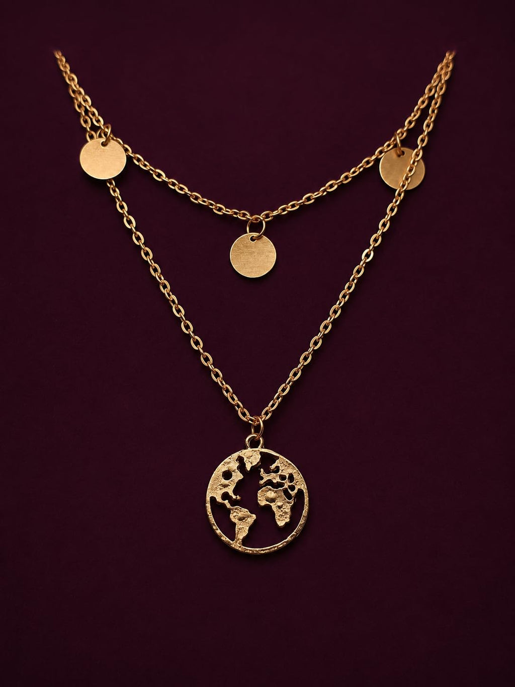 Hasto by Hasti Gold Layered World Map Pendant Necklace for Women & Girls | Multi-Layer Chain Necklace with Round Globe Charm | Minimal Travel-Inspired Daily Wear, Party & Gift Jewellery