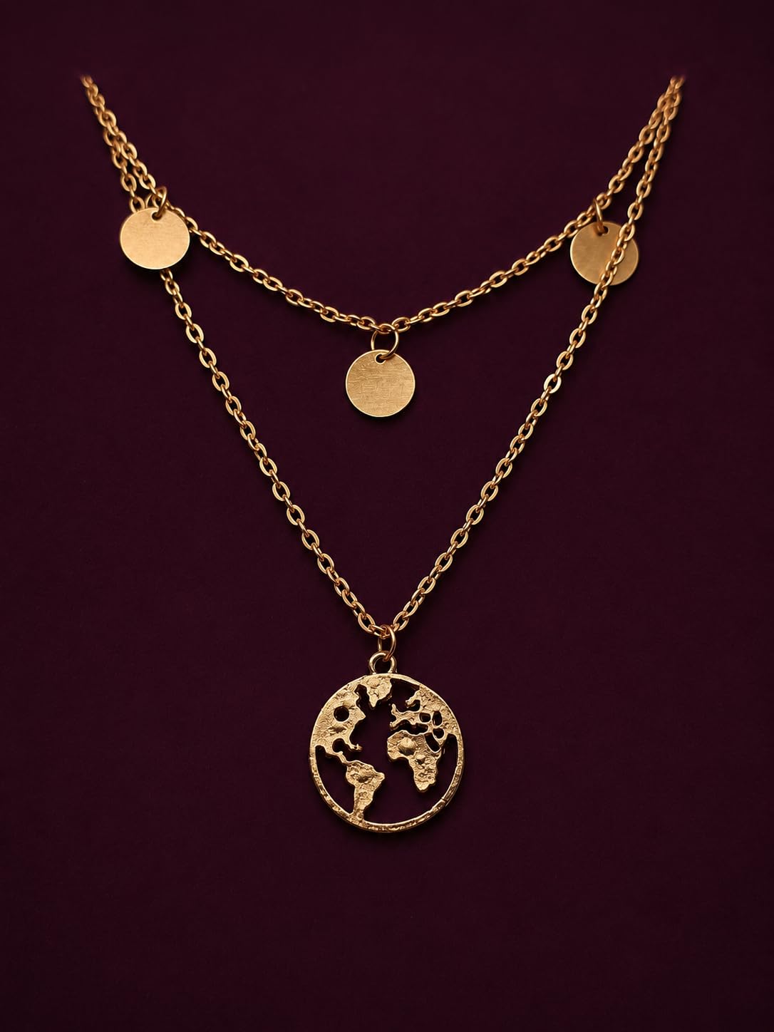 Hasto by Hasti Gold Layered World Map Pendant Necklace for Women & Girls | Multi-Layer Chain Necklace with Round Globe Charm | Minimal Travel-Inspired Daily Wear, Party & Gift Jewellery
