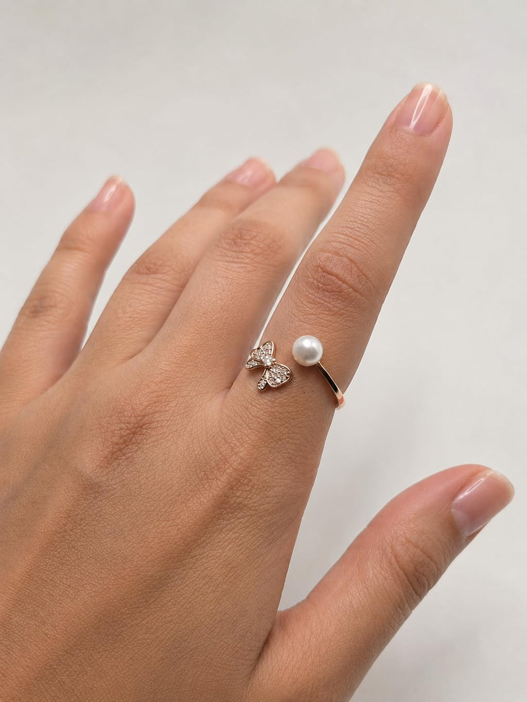 Hasto by Hasti Rose Gold Bow Pearl Adjustable Ring for Women & Girls