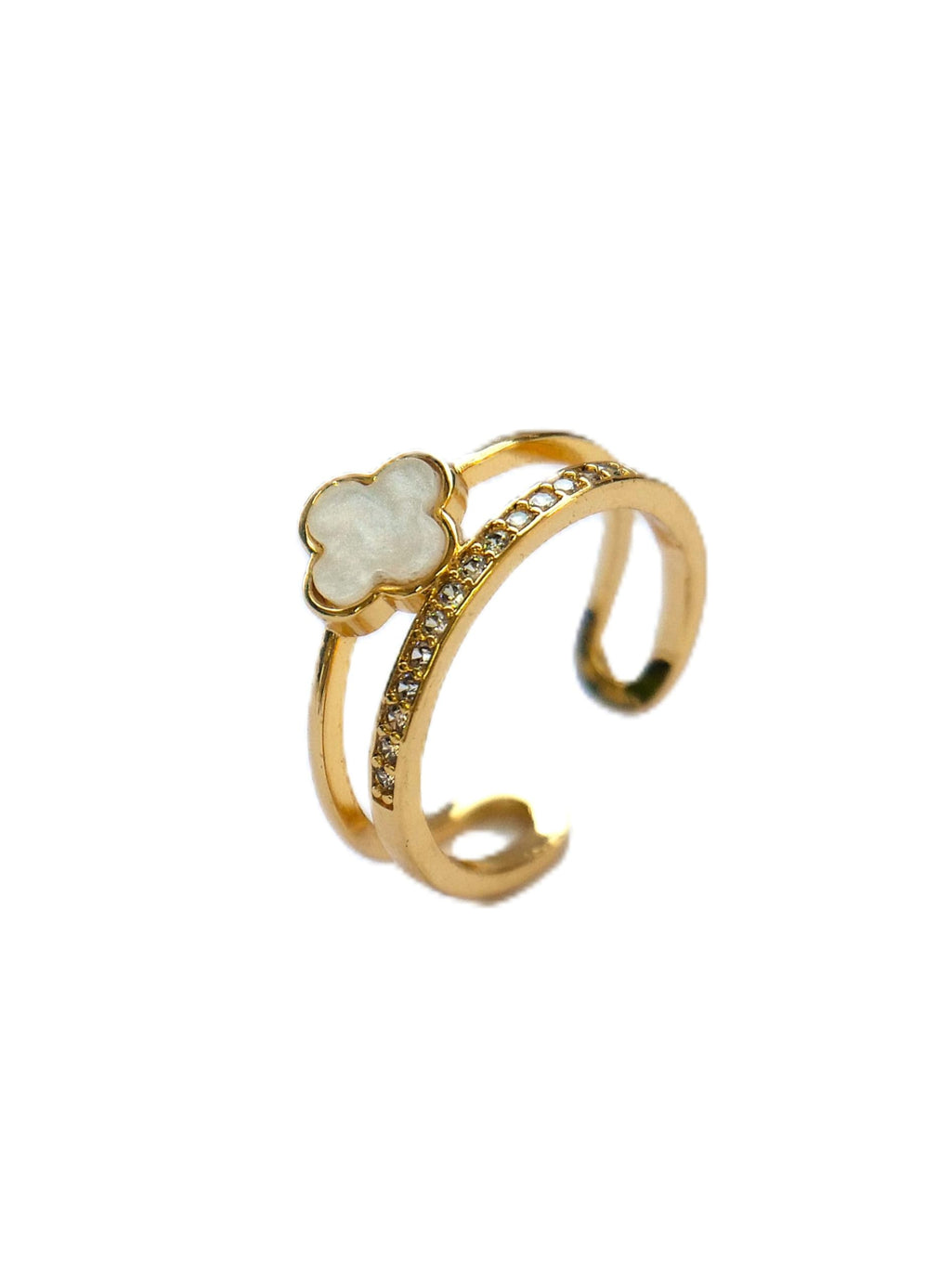 Hasto by Hasti White Clover Adjustable Ring for Women & Girls | Gold-Toned Double Band Ring with Stone Detail | Minimal Lucky Charm Fashion Ring for Daily Wear, Party & Gifting