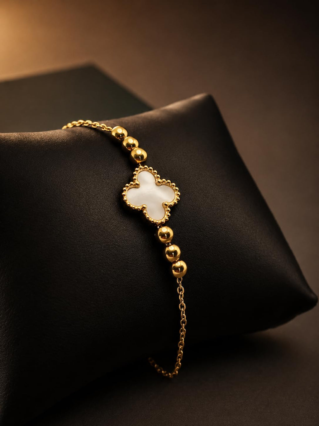 Hasto by Hasti White Clover Charm Bracelet for Women | Gold Plated Adjustable Chain Bracelet | Minimal Four Leaf Clover Bracelet for Daily Wear, Office, Party & Festive Gift