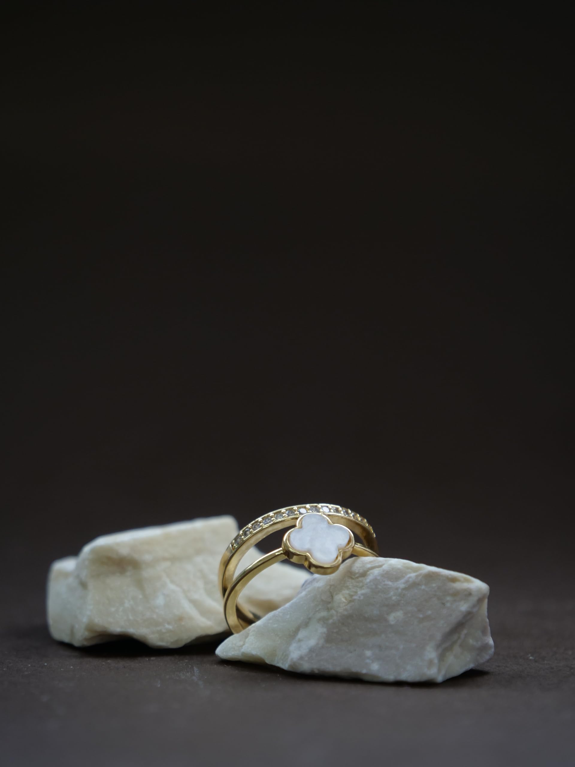 Hasto by Hasti White Clover Adjustable Ring for Women & Girls | Gold-Toned Double Band Ring with Stone Detail | Minimal Lucky Charm Fashion Ring for Daily Wear, Party & Gifting
