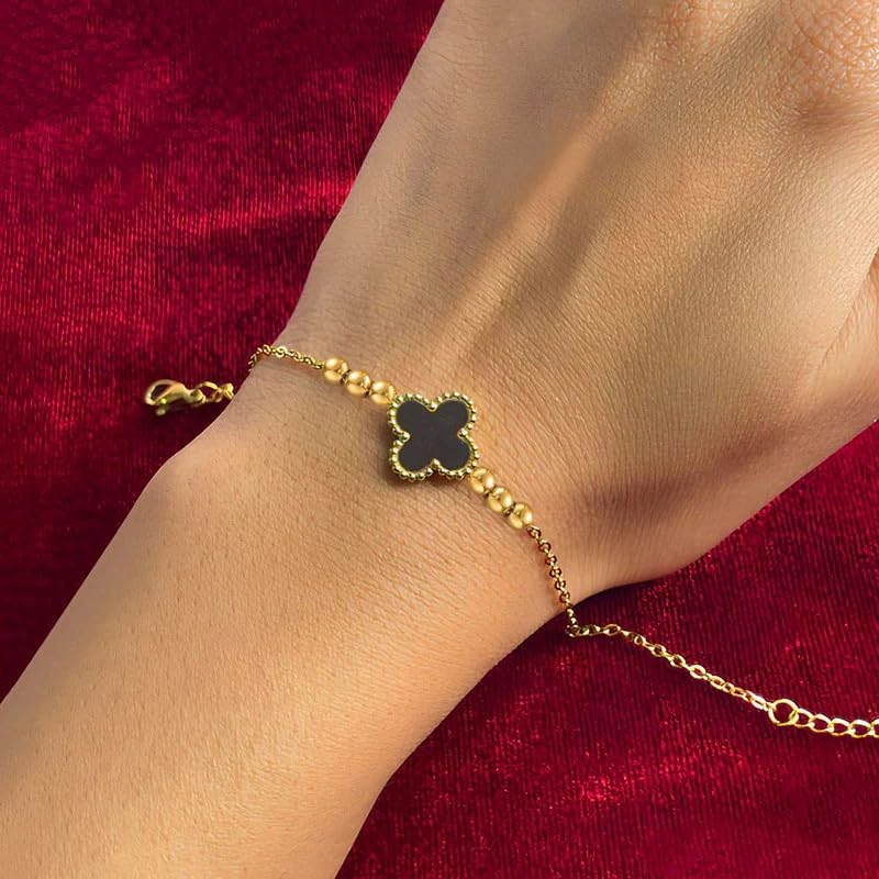 Hasto by Hasti Black Clover Charm Bracelet for Women & Girls | Gold-Toned Adjustable Chain Bracelet | Minimal Four Leaf Clover Bracelet for Daily Wear, Party, Office & Festive Gift