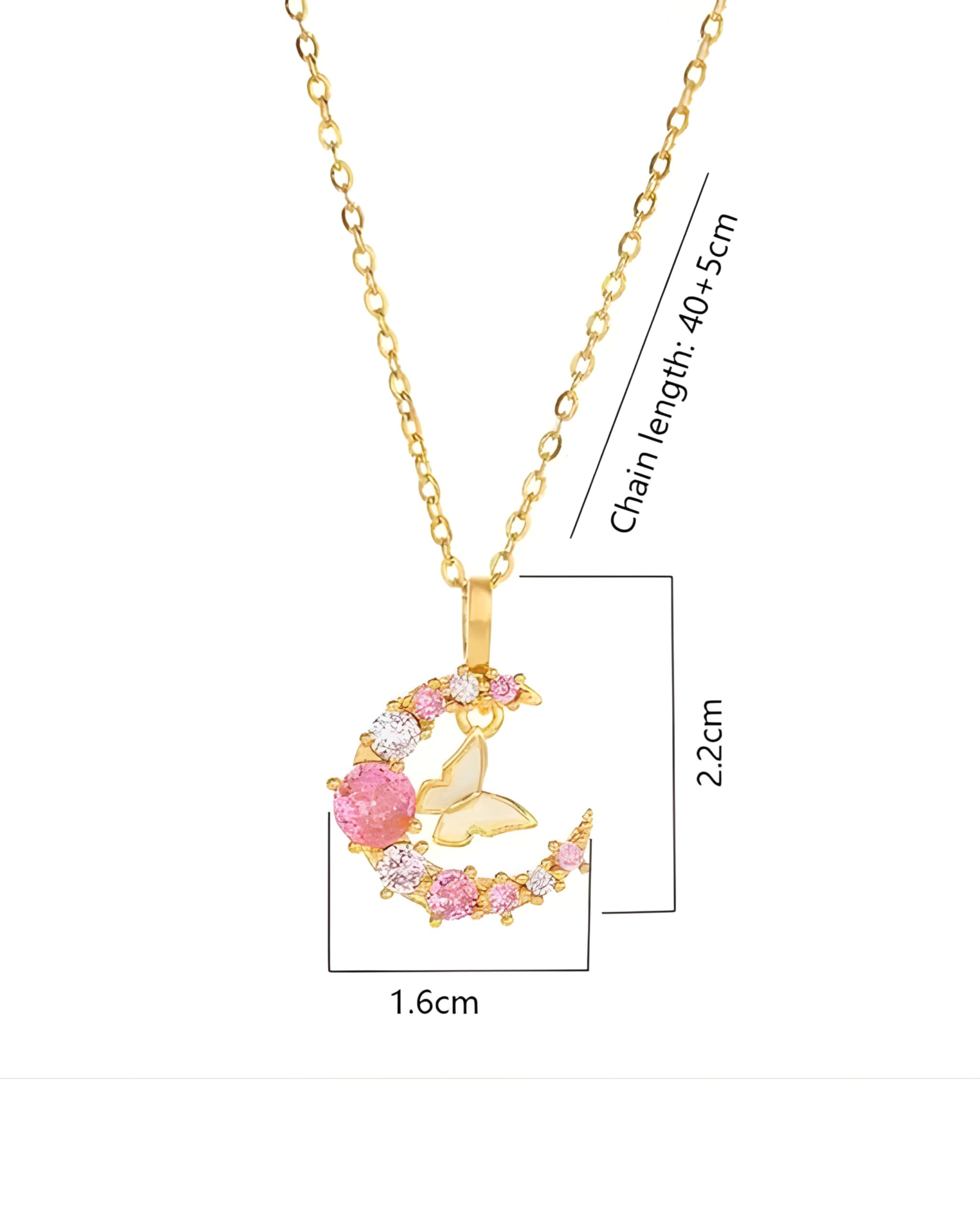 Hasto by Hasti Gold Celestial Moon Pendant Necklace for Women & Girls | Crescent Moon Necklace with Pink & White Stone Detail | Elegant Party, Festive, Date Wear & Gift Jewellery