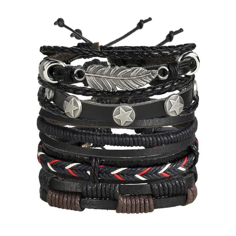 Men’s Black Faux Leather Bracelet Set