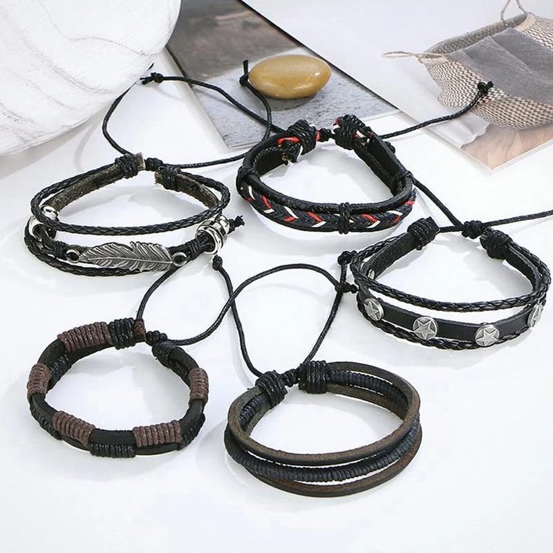 Hasto by Hasti Men's Black Multi-Layer Faux Leather Bracelet Set with Feather & Star Charms | Adjustable Casual Wristband for Men & Boys
