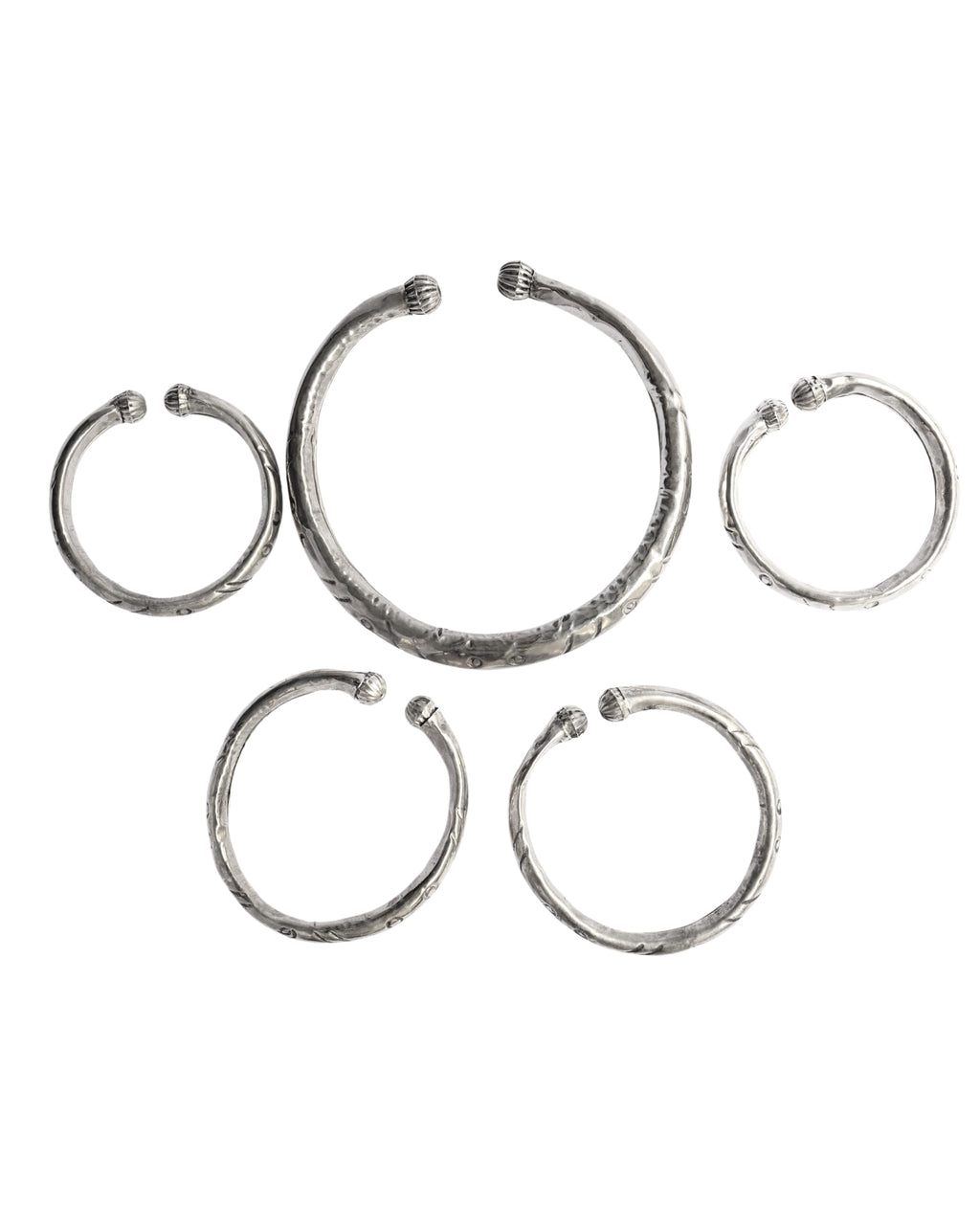 Hasto by Hasti German Silver Bracelet, Armlet & Necklace Set of 5 for Women | Adjustable Pull-Apart Bajuband Pair with Oxidised Necklace | Carved Bud-End Temple Jewellery Combo