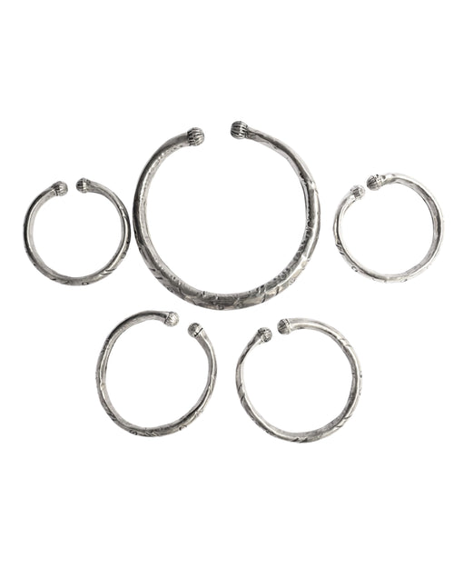 Hasto by Hasti German Silver Bracelet, Armlet & Necklace Set of 5 for Women | Adjustable Pull-Apart Bajuband Pair with Oxidised Necklace | Carved Bud-End Temple Jewellery Combo