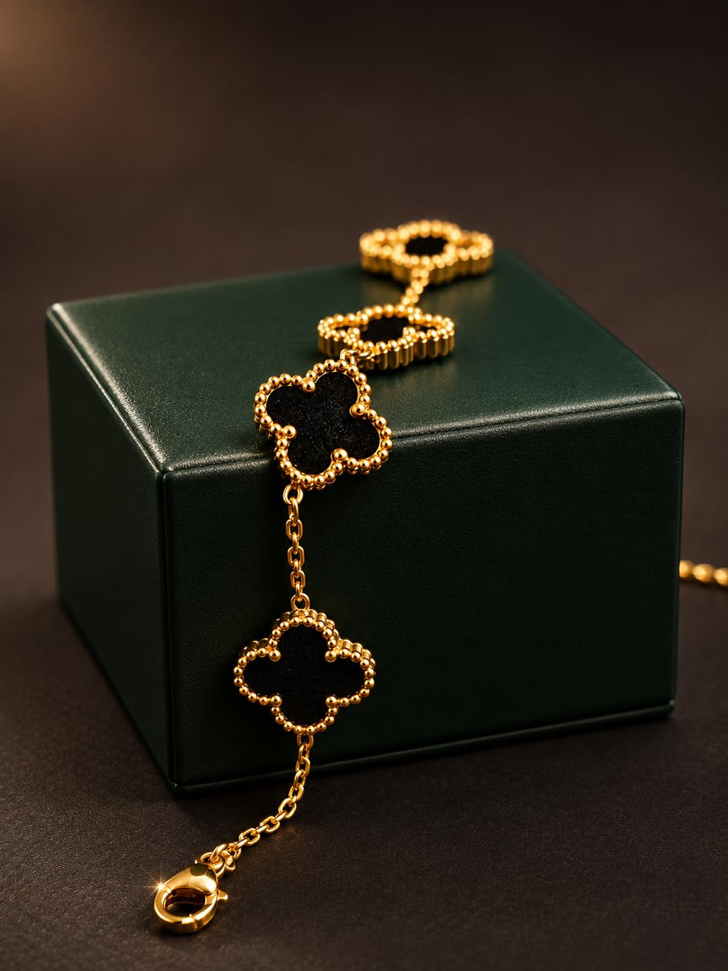 Hasto by Hasti Black Clover Charm Bracelet for Women & Girls | Gold-Toned Adjustable Chain Bracelet | Five Clover Bracelet for Daily Wear, Party, Office & Festive Gift