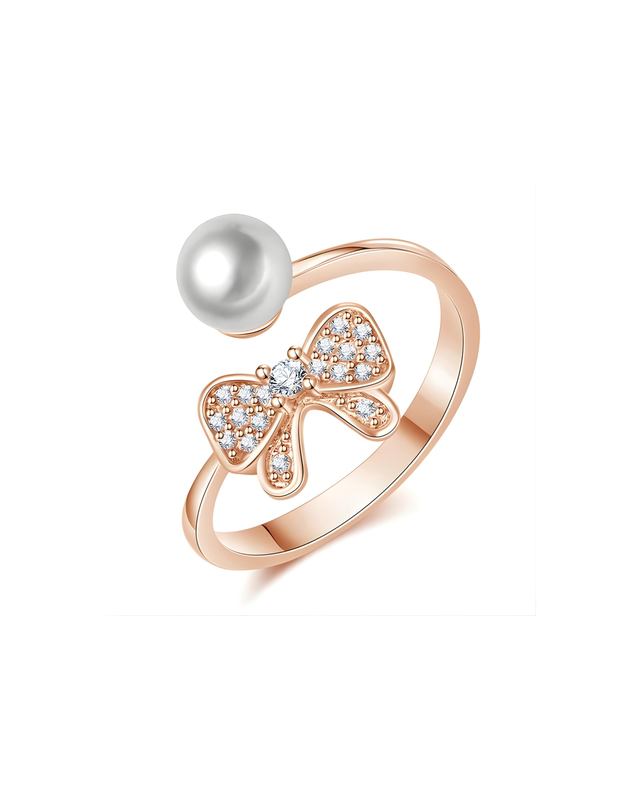Hasto by Hasti Rose Gold Bow Pearl Adjustable Ring for Women & Girls