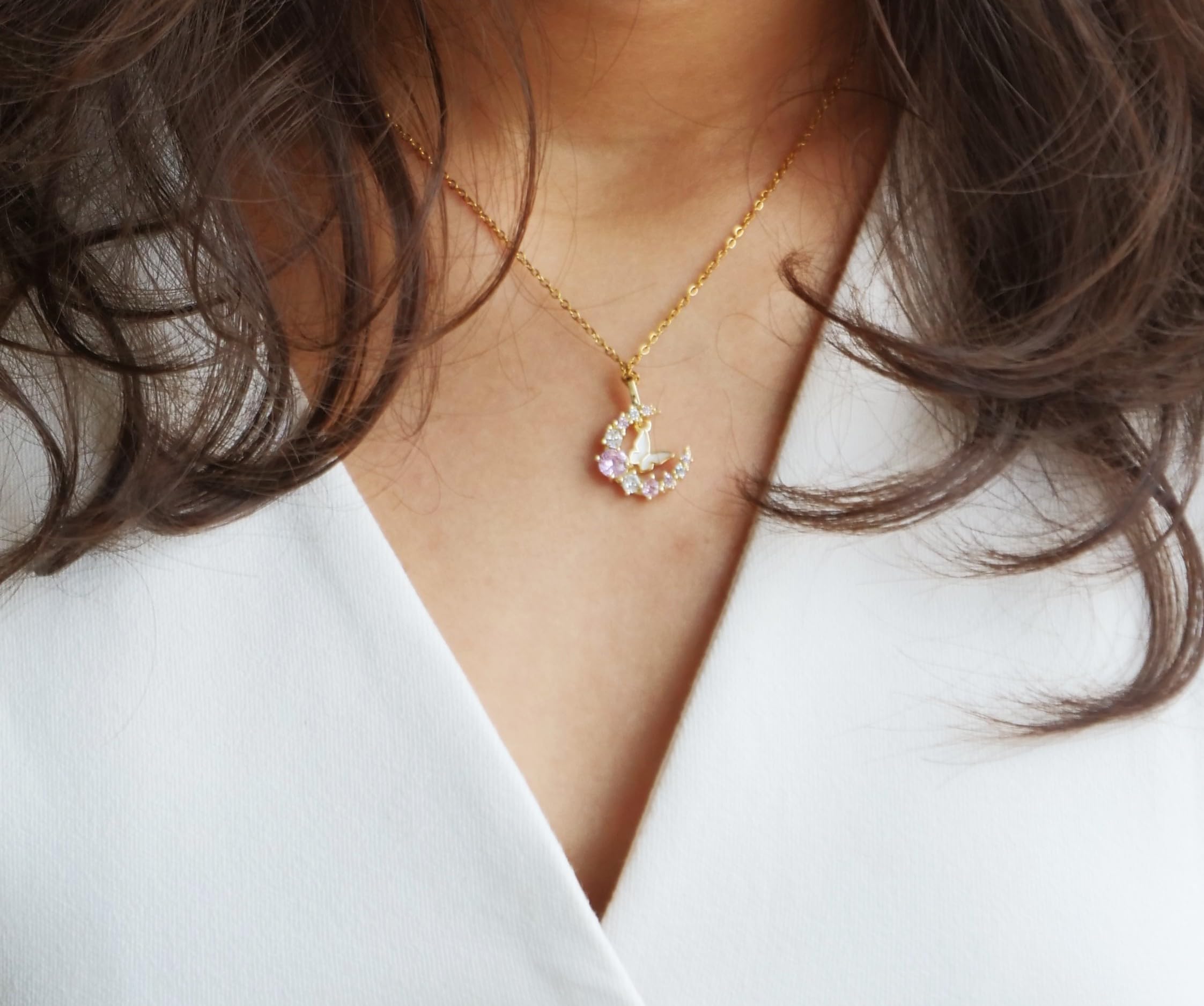 Hasto by Hasti Gold Celestial Moon Pendant Necklace for Women & Girls | Crescent Moon Necklace with Pink & White Stone Detail | Elegant Party, Festive, Date Wear & Gift Jewellery