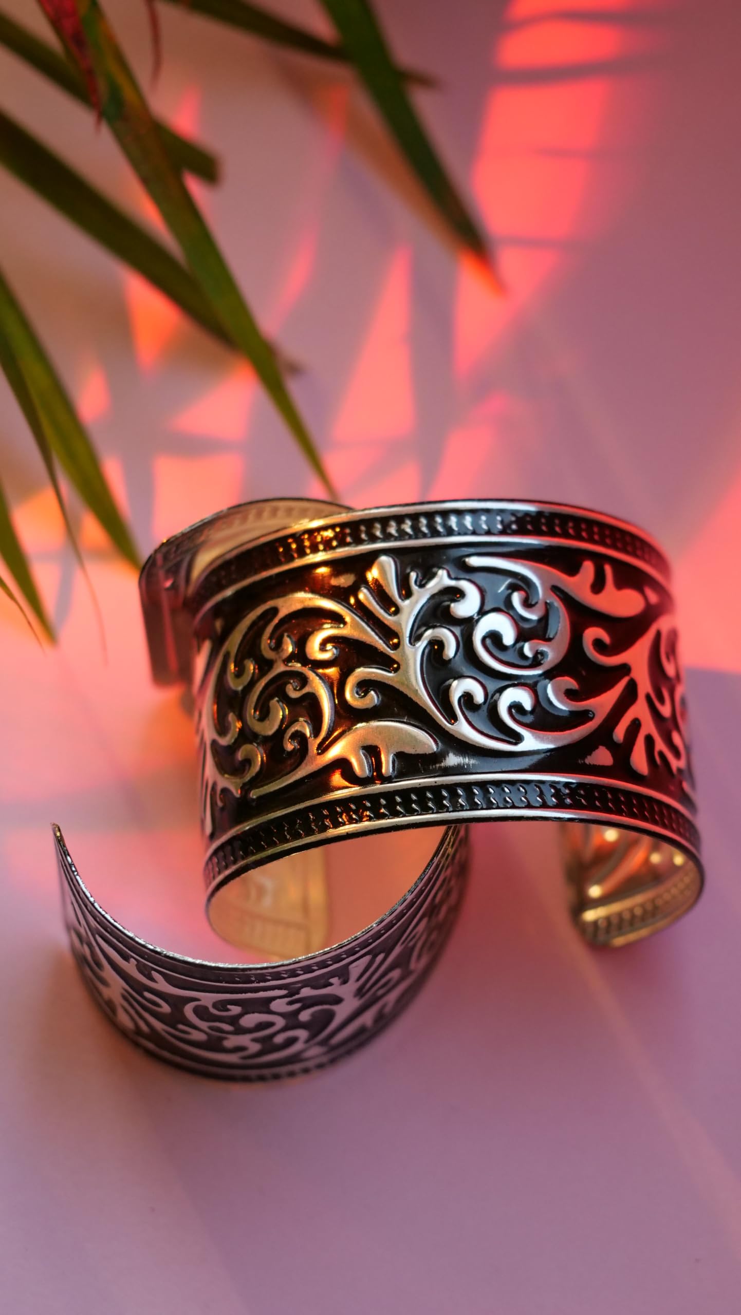 Hasto by Hasti Oxidised German Silver Floral Vine Wide Cuff Bracelet for Women – Navratri, Garba & Chaniya Choli Looks