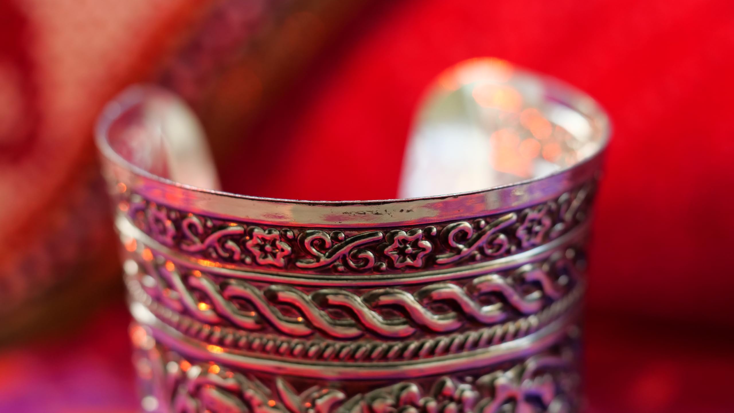 Hasto by Hasti Oxidised German Silver Floral Relief Panel Wide Cuff Bracelet for Women – Navratri, Saree & Kurti Looks