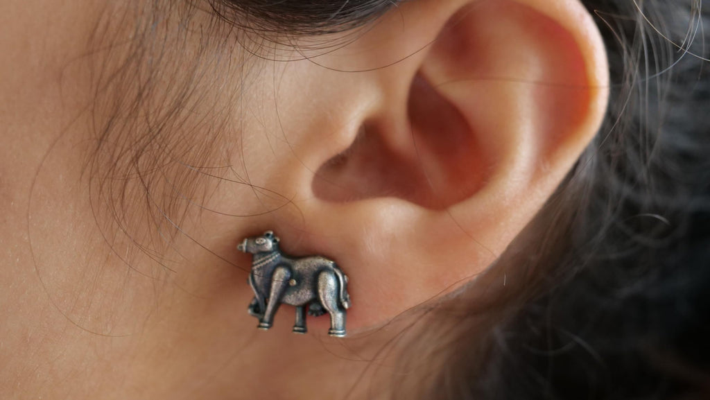 Hasto by Hasti Oxidised German Silver Cow Motif Stud Earrings for Women | Navratri Earrings, Ethnic Kurti Earrings, Garba Jewellery & Saree Wear