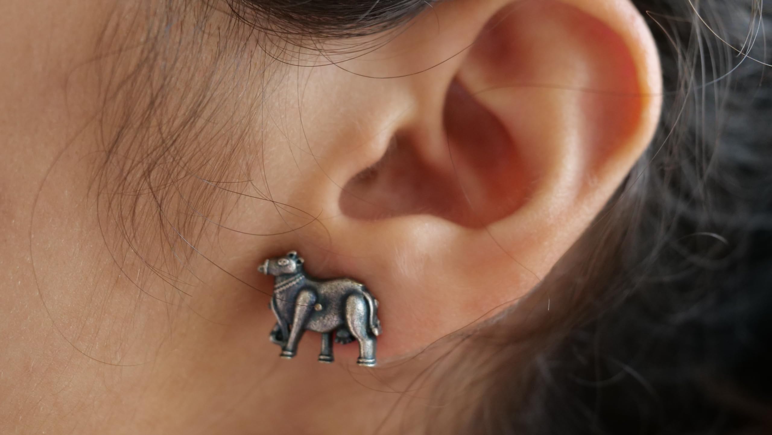 Hasto by Hasti Oxidised German Silver Cow Motif Stud Earrings for Women | Navratri Earrings, Ethnic Kurti Earrings, Garba Jewellery & Saree Wear