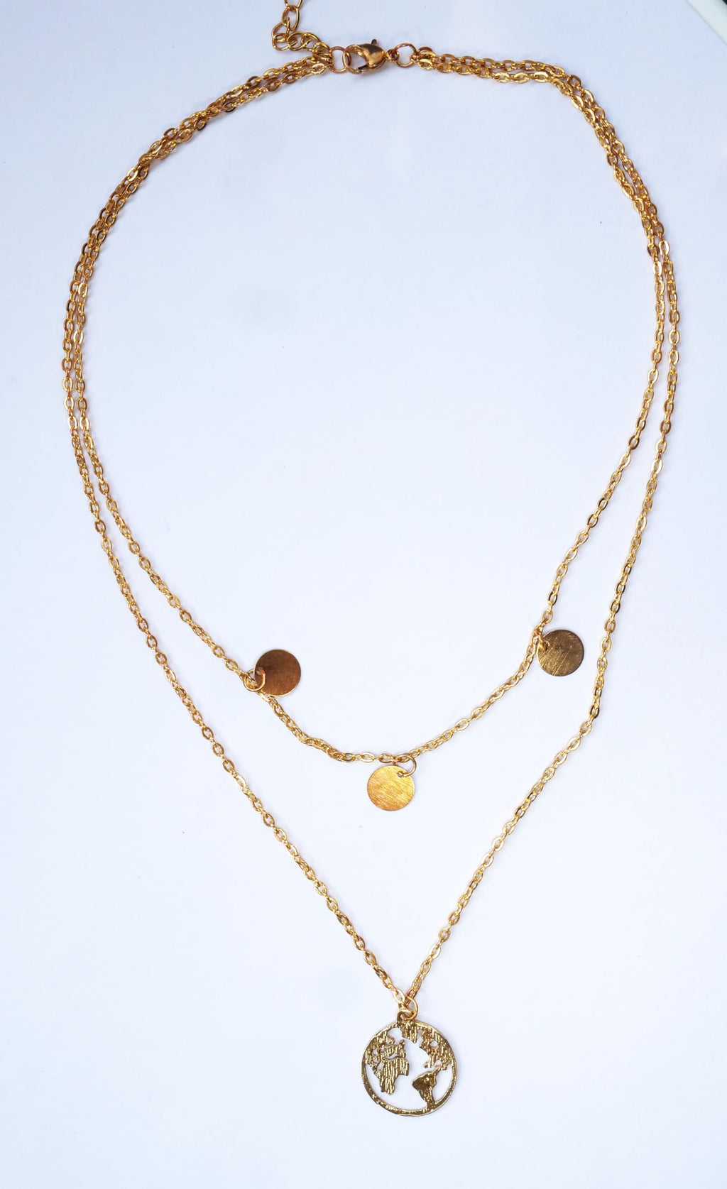 Hasto by Hasti Gold Layered World Map Pendant Necklace for Women & Girls | Multi-Layer Chain Necklace with Round Globe Charm | Minimal Travel-Inspired Daily Wear, Party & Gift Jewellery