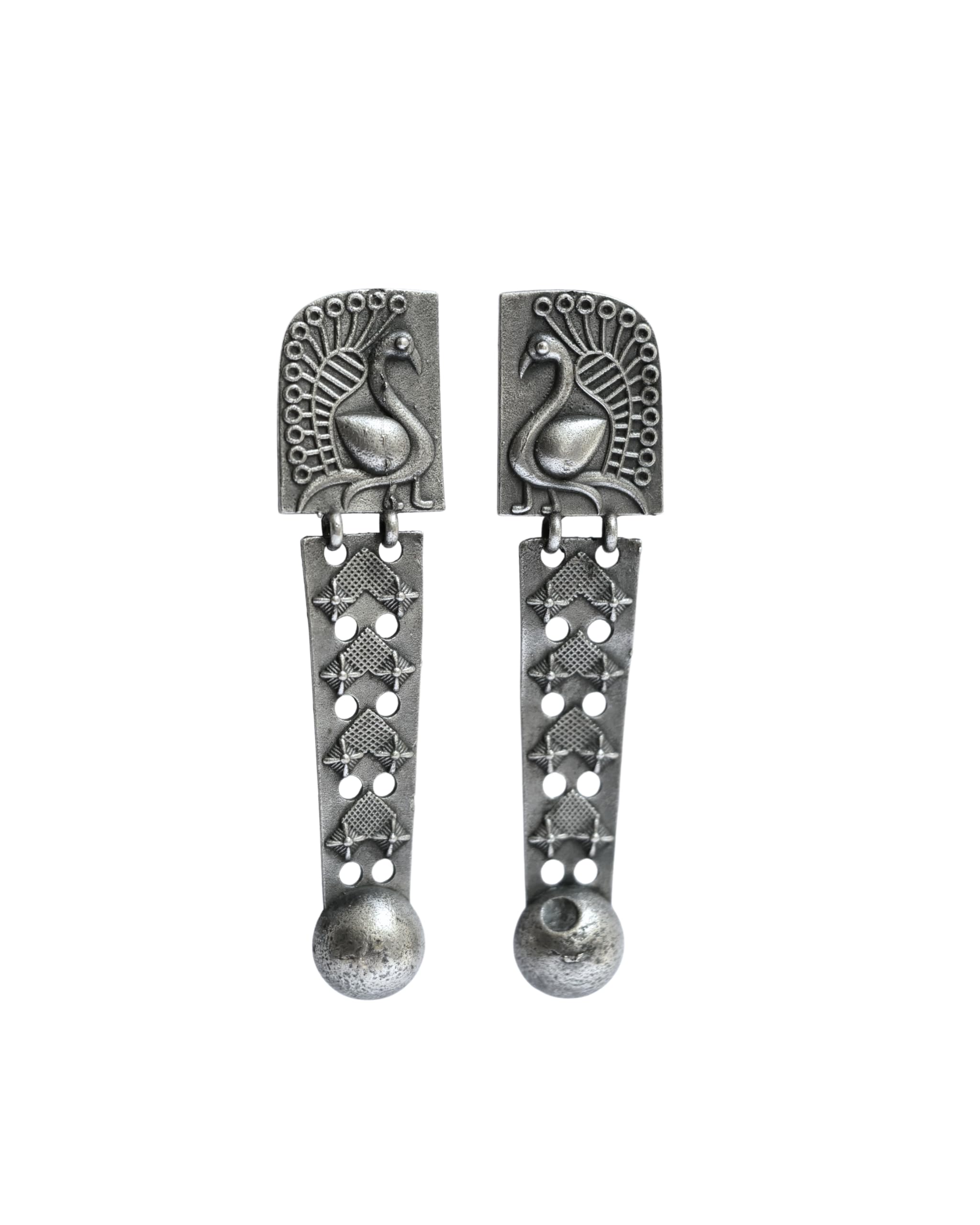 Hasto by Hasti Oxidised German Silver Peacock Motif Long Dangler Earrings for Women | Navratri Jewellery, Kurti Earrings, Garba Jewellery & Saree Wear