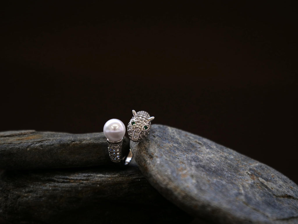 Hasto by Hasti Silver Leopard Pearl Adjustable Ring for Women & Girls | Statement Animal Design Ring | Party Fashion Ring