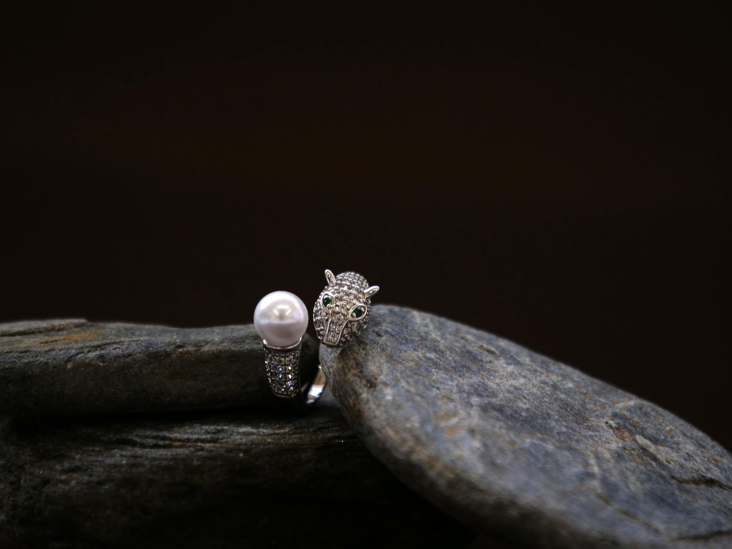Hasto by Hasti Silver Leopard Pearl Adjustable Ring for Women & Girls | Statement Animal Design Ring | Party Fashion Ring