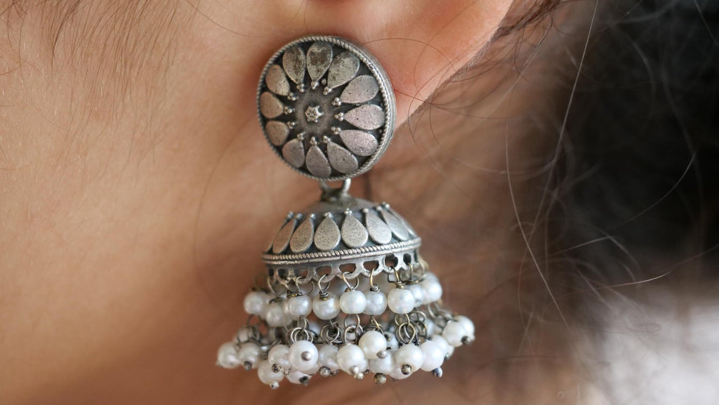 Hasto by Hasti Oxidised German Silver Floral Pearl Bead Jhumka Earrings for Women | Navratri Jhumka Earrings, Garba Jewellery, Kurti Earrings & Saree Wear