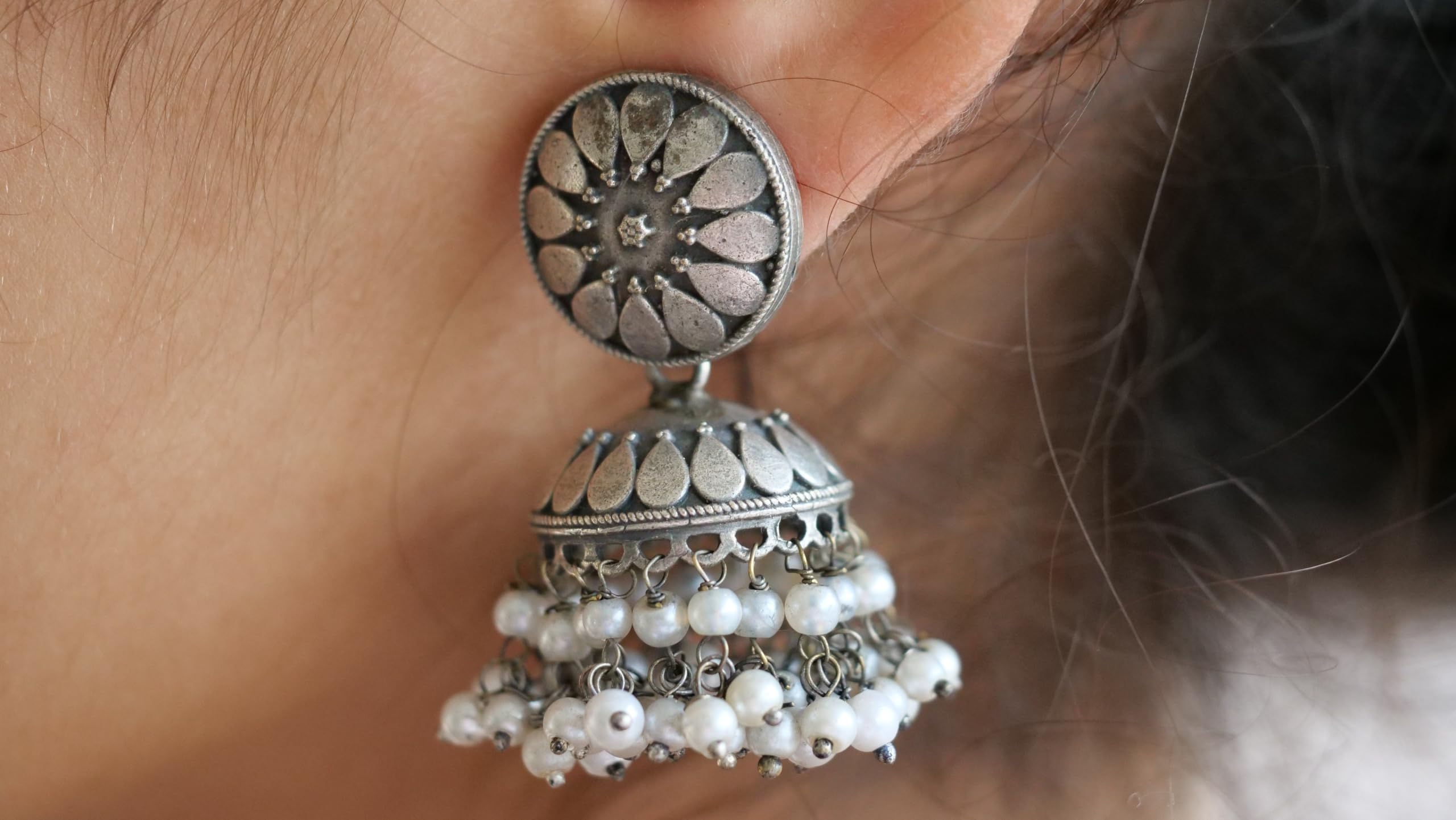 Hasto by Hasti Oxidised German Silver Floral Pearl Bead Jhumka Earrings for Women | Navratri Jhumka Earrings, Garba Jewellery, Kurti Earrings & Saree Wear