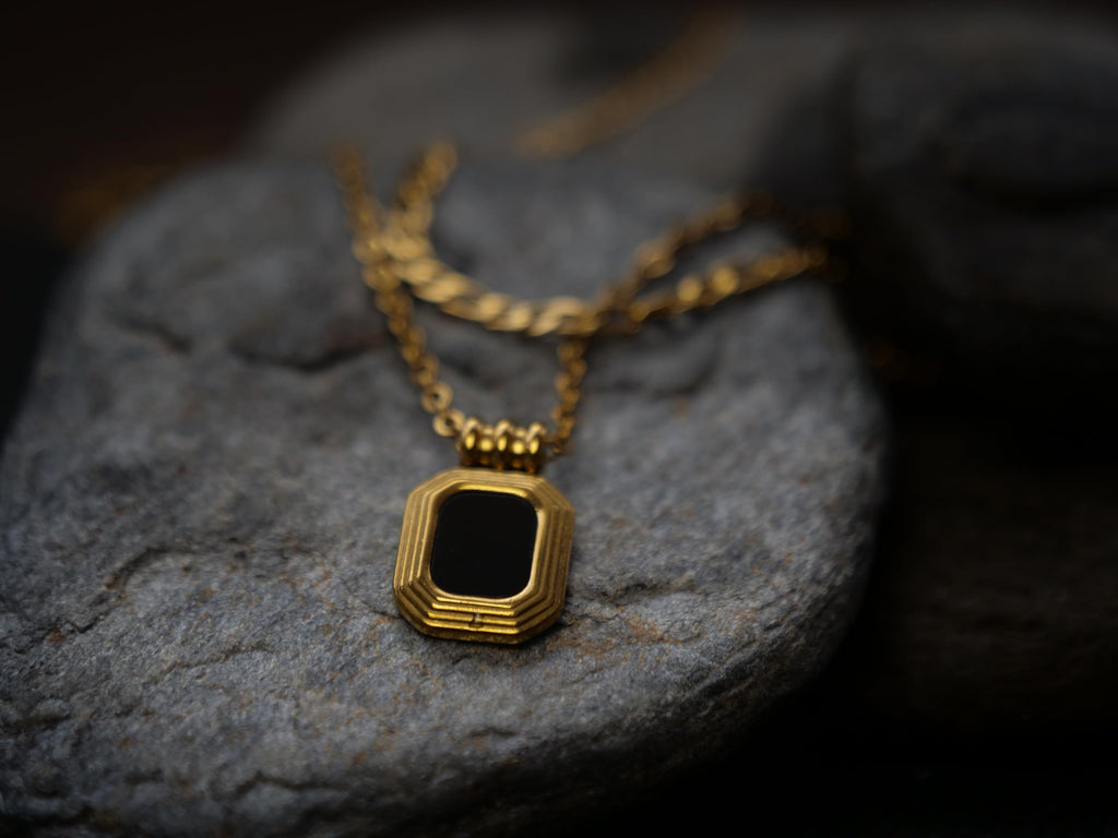 Hasto by Hasti Gold Layered Black Pendant Necklace for Women & Girls | Double Layer Chain Necklace with Square Black Charm | Minimal Daily Wear, Party & Gift Jewellery