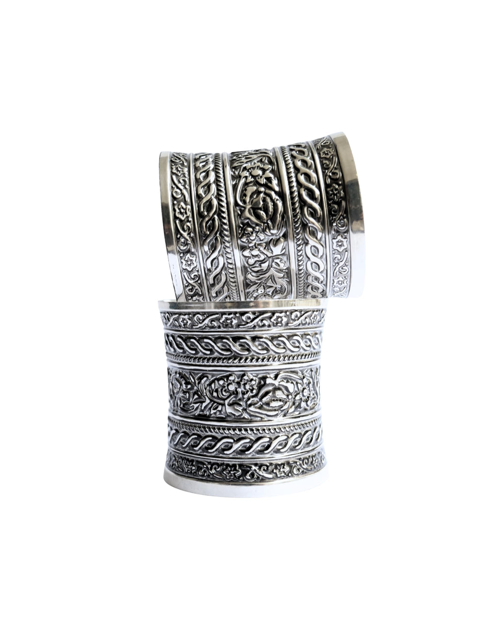 Hasto by Hasti Oxidised German Silver Floral Relief Panel Wide Cuff Bracelet for Women – Navratri, Saree & Kurti Looks